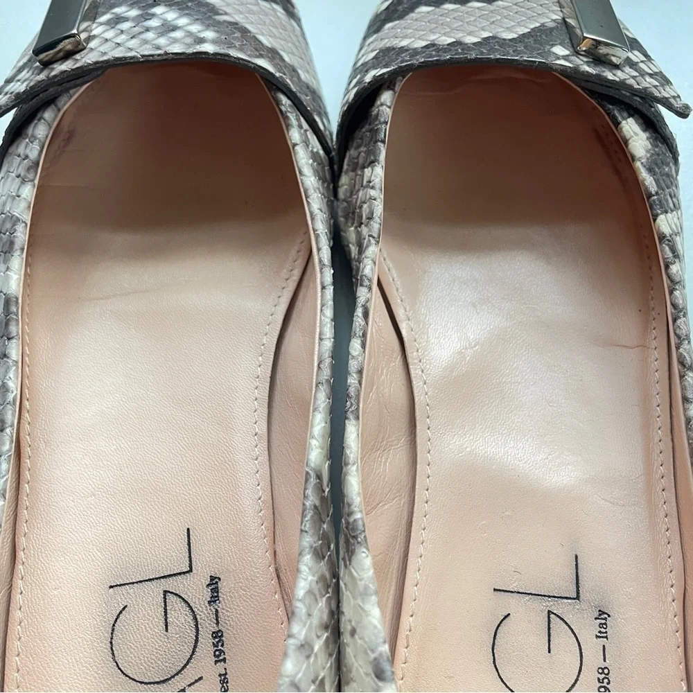 AGL Snake Print Ballet Flats Shoes Leather Pointed Toe Slip On Silver Hardware 7